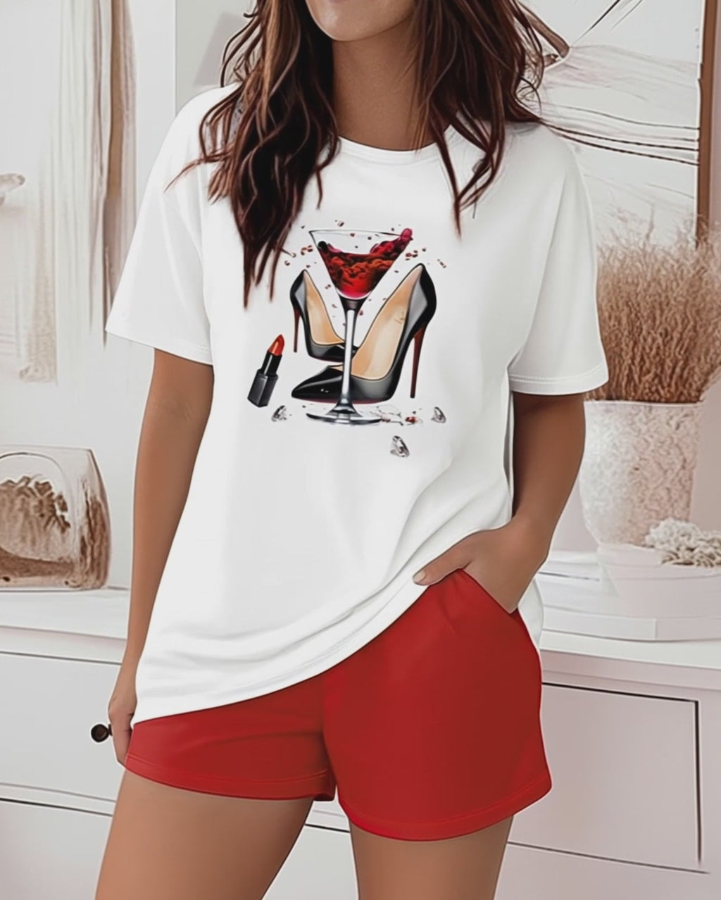 2 Pieces Outfit Graphic Print Round Neck Short Sleeve Top and Elastic Waist Shorts Set Casual Pajamas Set