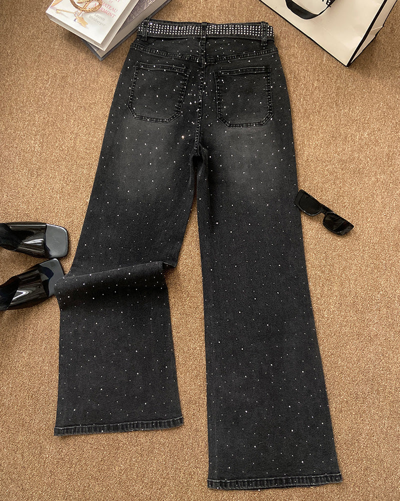 Allover Rhinestone Decor High Waist Zipper Fly Jeans Casual Flared Denim Pants with Rhinestone Decor Belt