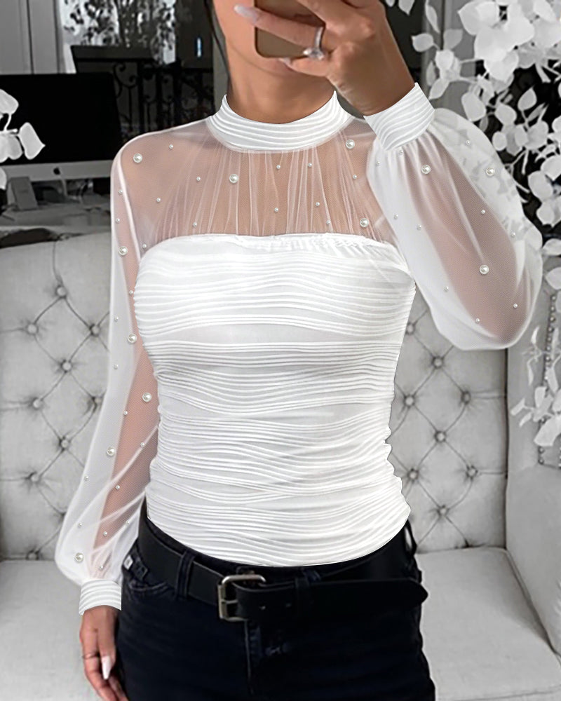Pearls Decor Mock Neck Sheer Mesh Spliced Ruched Tee Hollow-out Back Slim Fit Textured Top