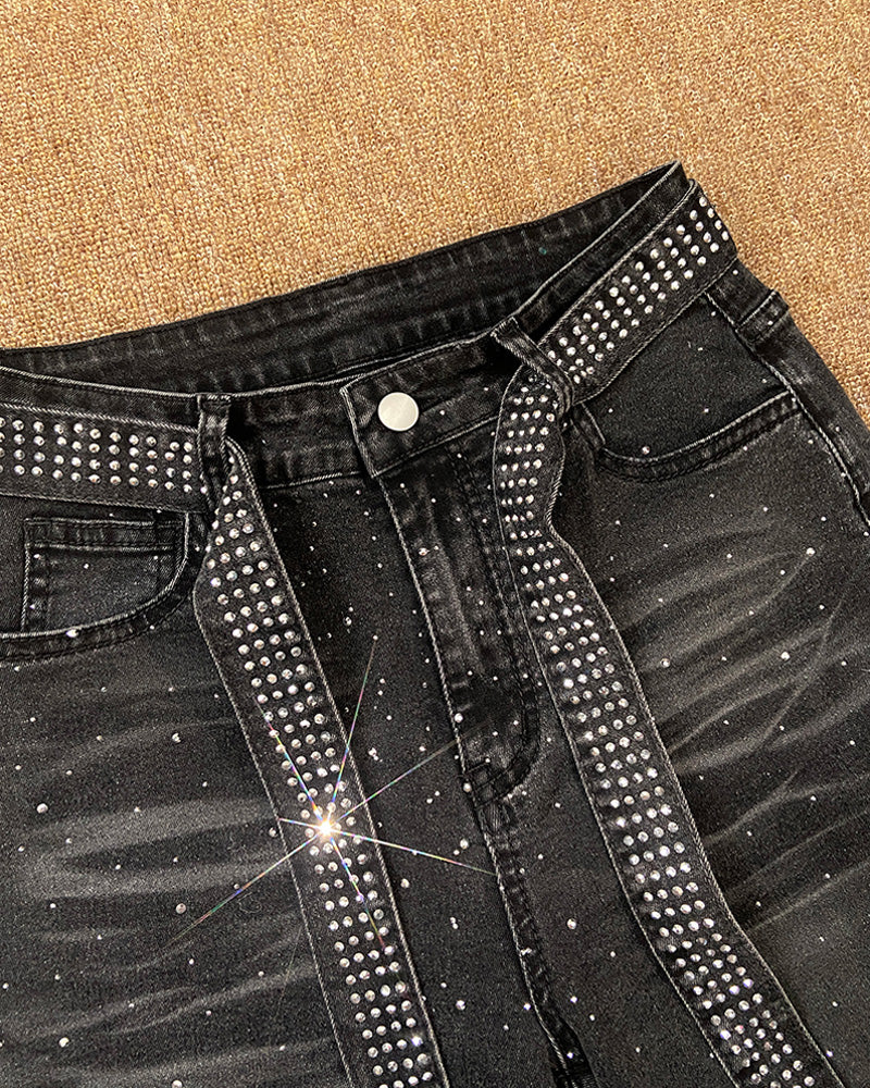Allover Rhinestone Decor High Waist Zipper Fly Jeans Casual Flared Denim Pants with Rhinestone Decor Belt