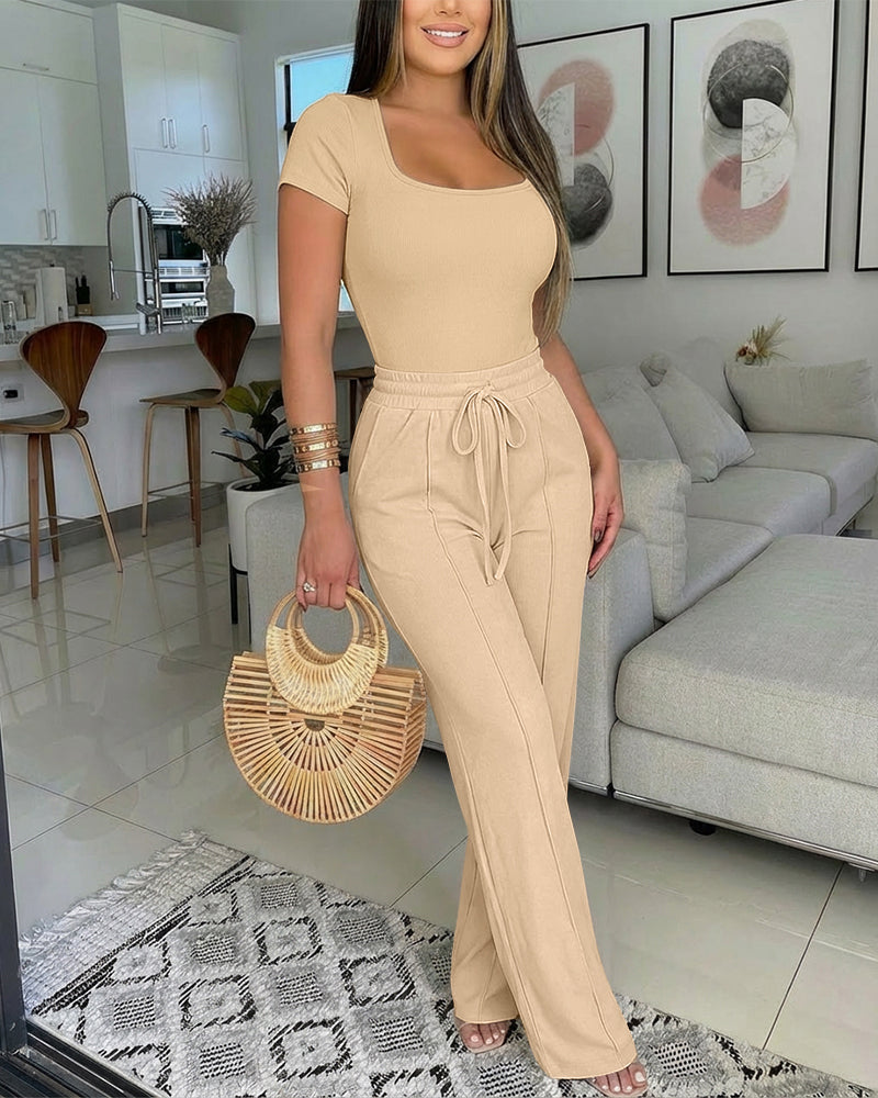 2 Pieces Outfit U-Neck Short Sleeve Slim Fit Ribbed Bodysuit and Drawstring Elastic Waist Seam Front Pants Casual Versatile Set