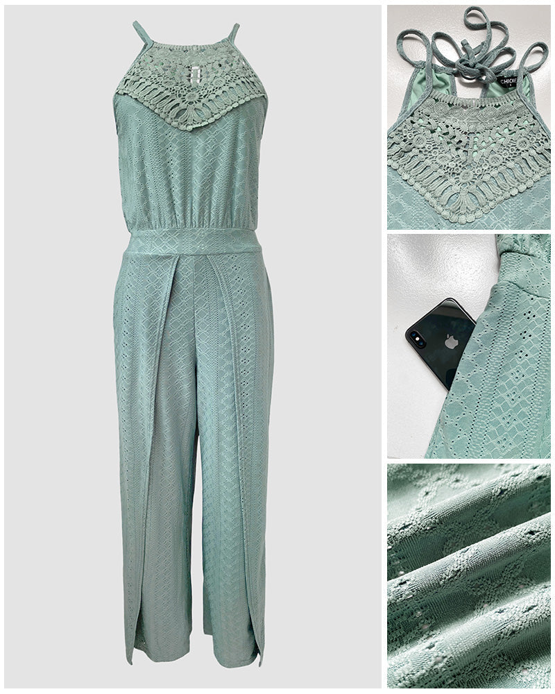 2 Pieces Outfit Halter Tie Guipure Lace Spliced Front Hollow-out Back Top and Elastic Back Waist Wrapped Slit Pants Set Casual Jacquard Textured Vacation Set