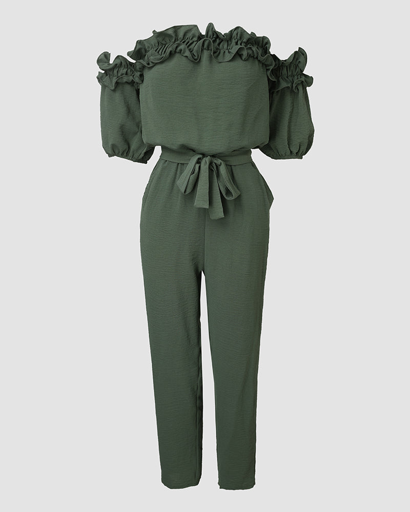 Frill Trim Off Shoulder Short Sleeve Tie Waist Overalls Casual Textured Jumpsuit