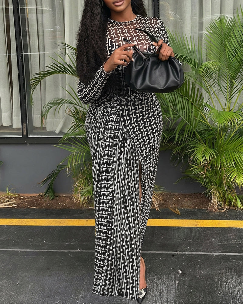Geometric Print Long Sleeve Waist Tied Detail Maxi Dress Casual Slim Fit Slit Vacation Dress