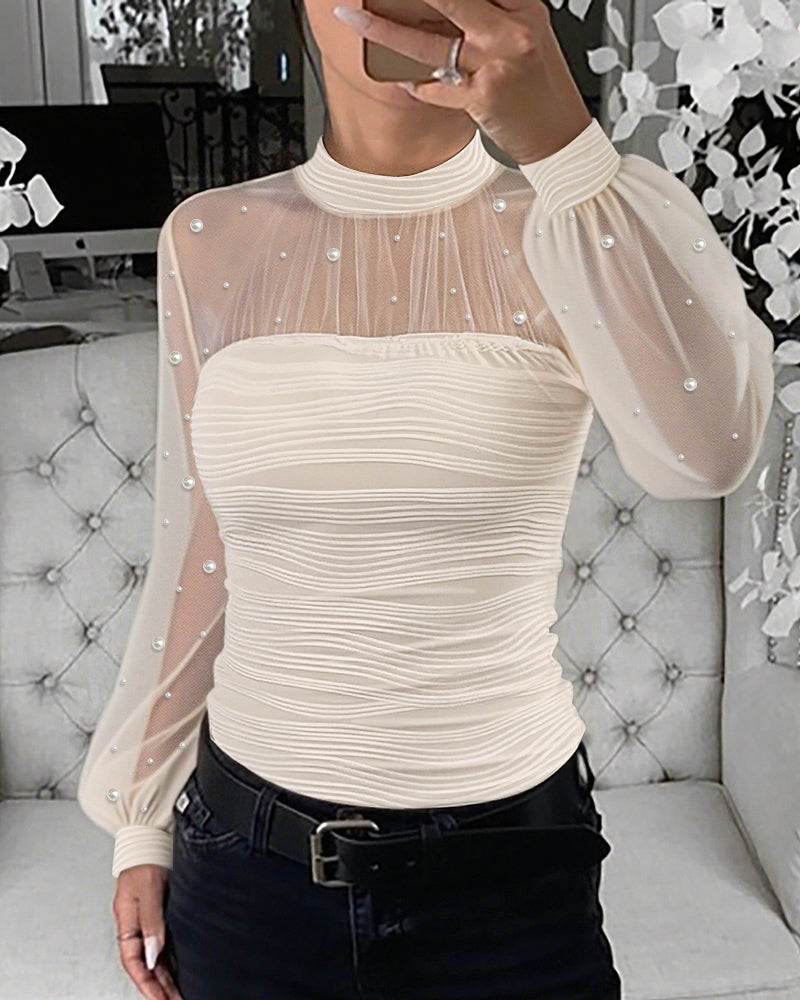 Pearls Decor Mock Neck Sheer Mesh Spliced Ruched Tee Hollow-out Back Slim Fit Textured Top