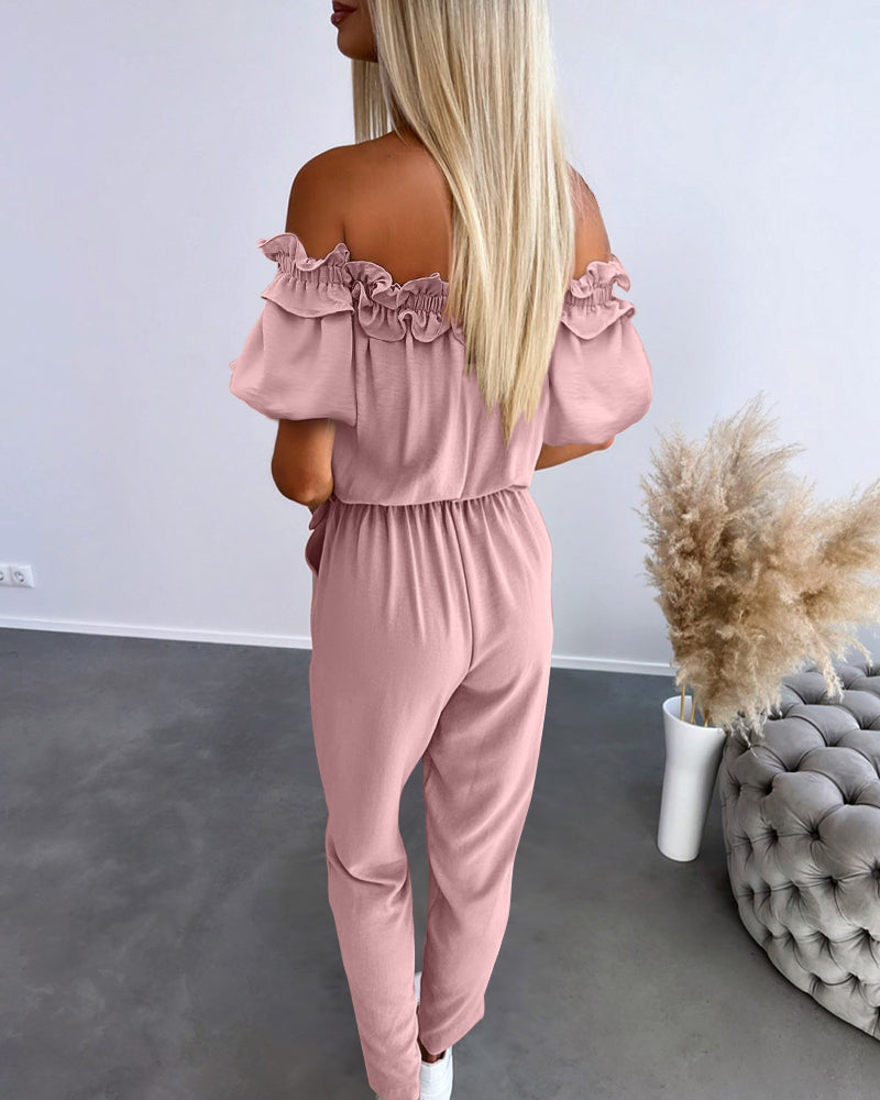 Frill Trim Off Shoulder Short Sleeve Tie Waist Overalls Casual Textured Jumpsuit