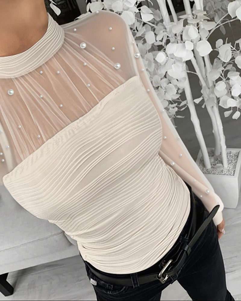 Pearls Decor Mock Neck Sheer Mesh Spliced Ruched Tee Hollow-out Back Slim Fit Textured Top