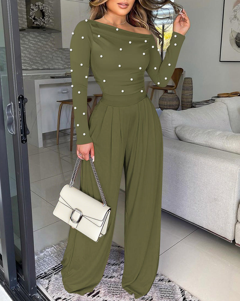 Pearls Decor Skew Neck Long Sleeve Cinched Waist Overalls Casual Ruched Zipper Back Wide Leg Jumpsuit