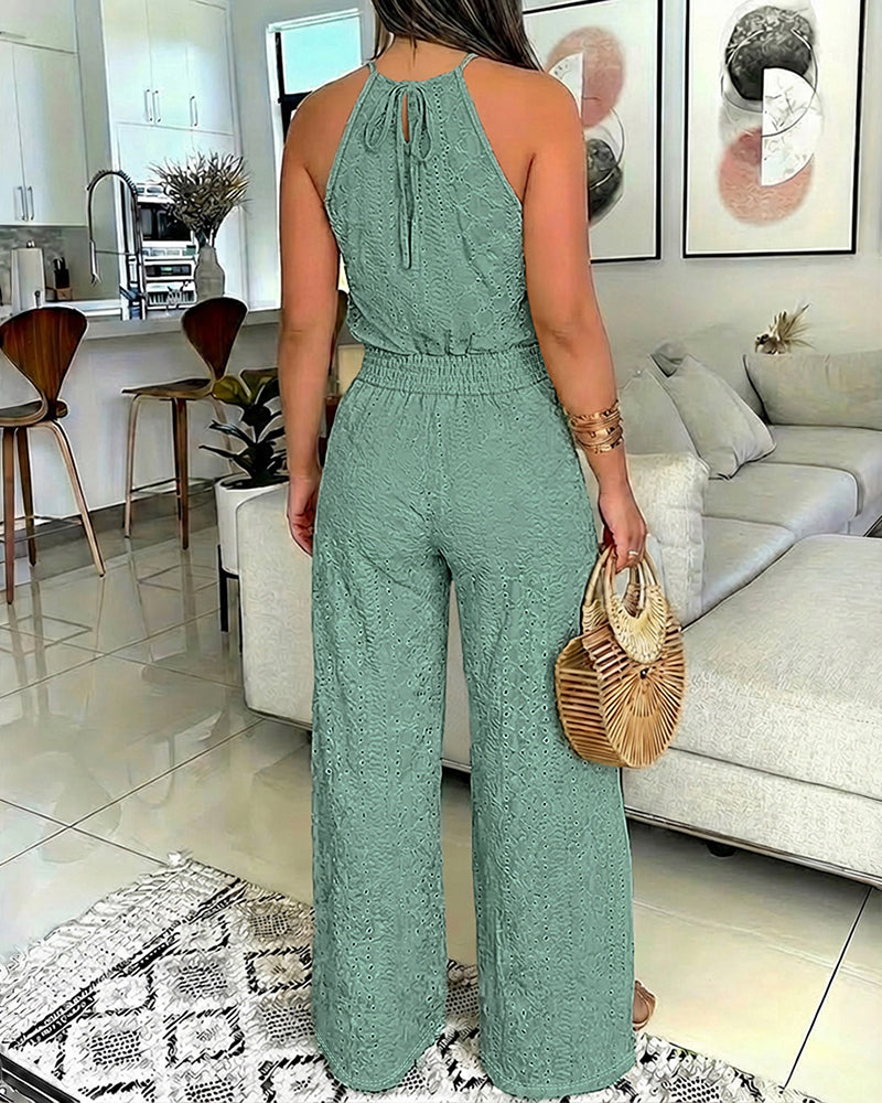 2 Pieces Outfit Halter Tie Guipure Lace Spliced Front Hollow-out Back Top and Elastic Back Waist Wrapped Slit Pants Set Casual Jacquard Textured Vacation Set