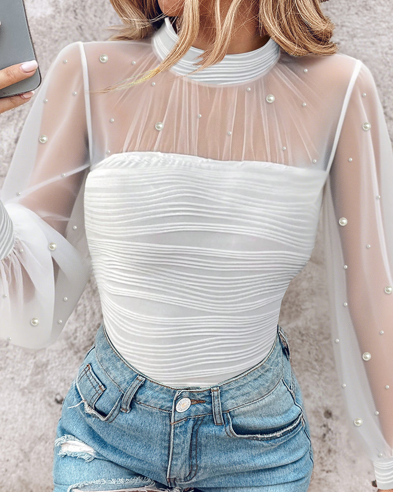 Pearls Decor Mock Neck Sheer Mesh Spliced Ruched Tee Hollow-out Back Slim Fit Textured Top