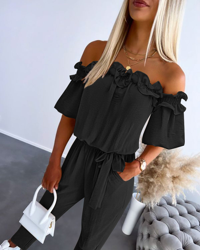 Frill Trim Off Shoulder Short Sleeve Tie Waist Overalls Casual Textured Jumpsuit