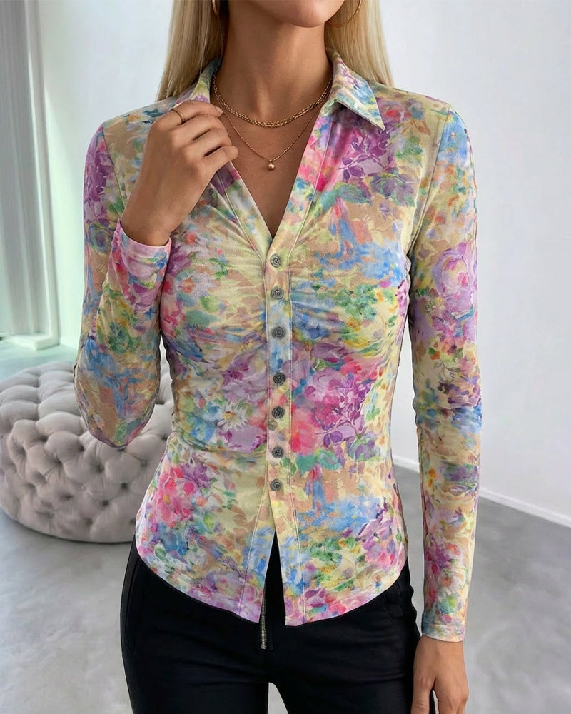 Watercolor Floral Print Turn-down Collar V-Neck Button Front Shirt Slim Fit Long Sleeve Ruched Sheer Mesh Top