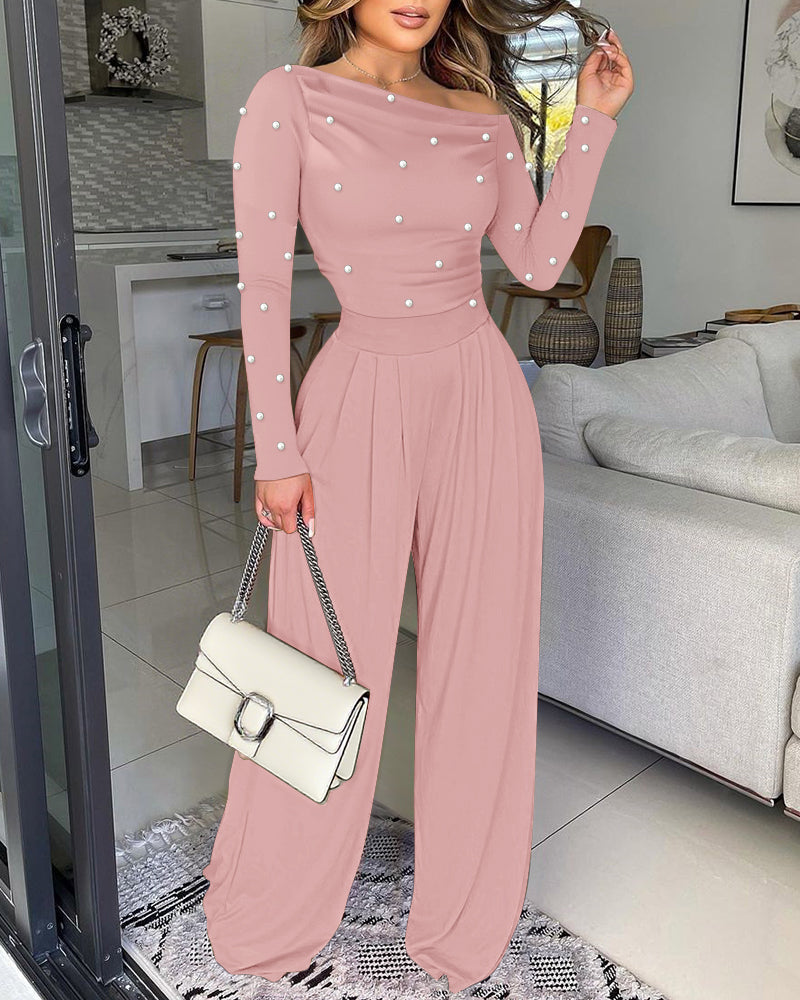 Pearls Decor Skew Neck Long Sleeve Cinched Waist Overalls Casual Ruched Zipper Back Wide Leg Jumpsuit