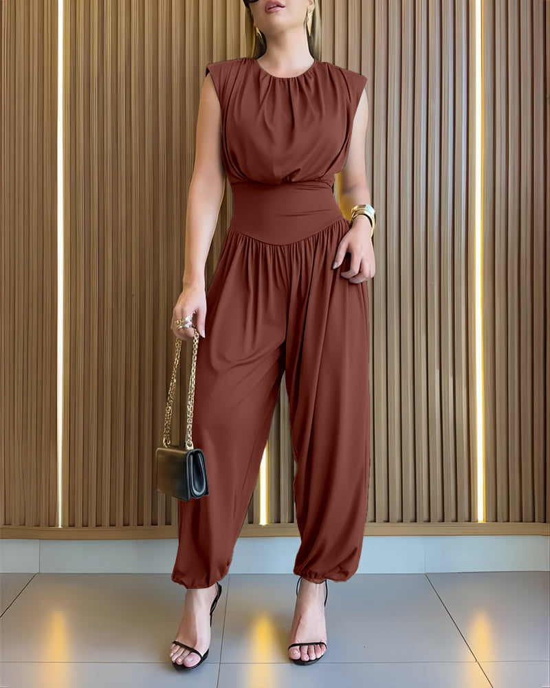 Padded Shoulders Sleeveless Cinched Waist Side High Slit Overalls Casual Hollow-out Back Ruched Jumpsuit