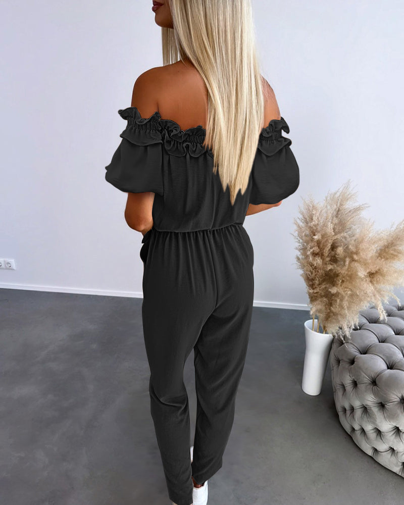 Frill Trim Off Shoulder Short Sleeve Tie Waist Overalls Casual Textured Jumpsuit
