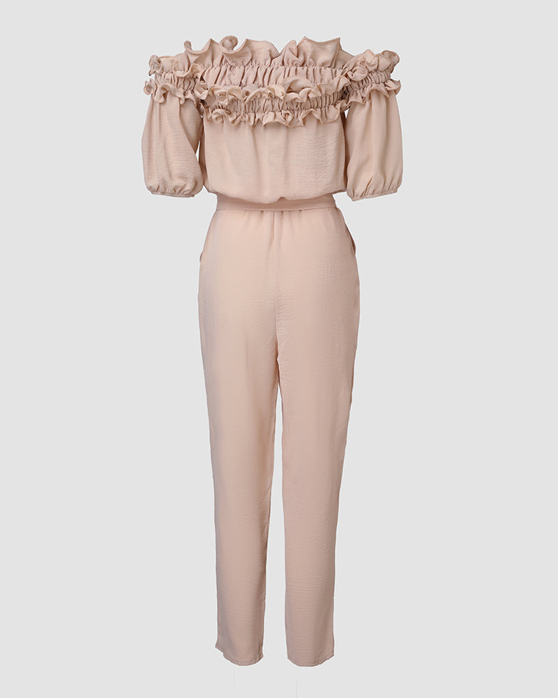 Frill Trim Off Shoulder Short Sleeve Tie Waist Overalls Casual Textured Jumpsuit