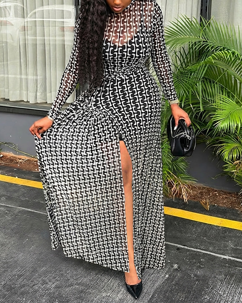 Geometric Print Long Sleeve Waist Tied Detail Maxi Dress Casual Slim Fit Slit Vacation Dress
