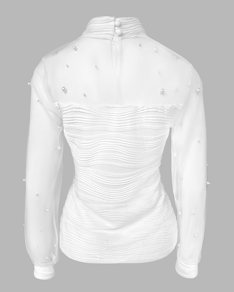 Pearls Decor Mock Neck Sheer Mesh Spliced Ruched Tee Hollow-out Back Slim Fit Textured Top
