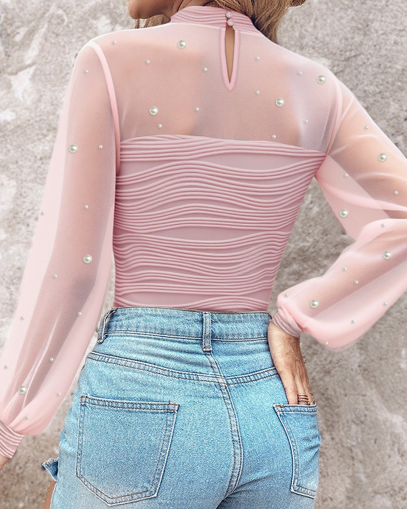 Pearls Decor Mock Neck Sheer Mesh Spliced Ruched Tee Hollow-out Back Slim Fit Textured Top