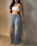 Allover Rhinestone Decor High Waist Zipper Fly Jeans Casual Flared Denim Pants with Rhinestone Decor Belt