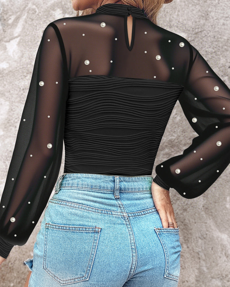 Pearls Decor Mock Neck Sheer Mesh Spliced Ruched Tee Hollow-out Back Slim Fit Textured Top
