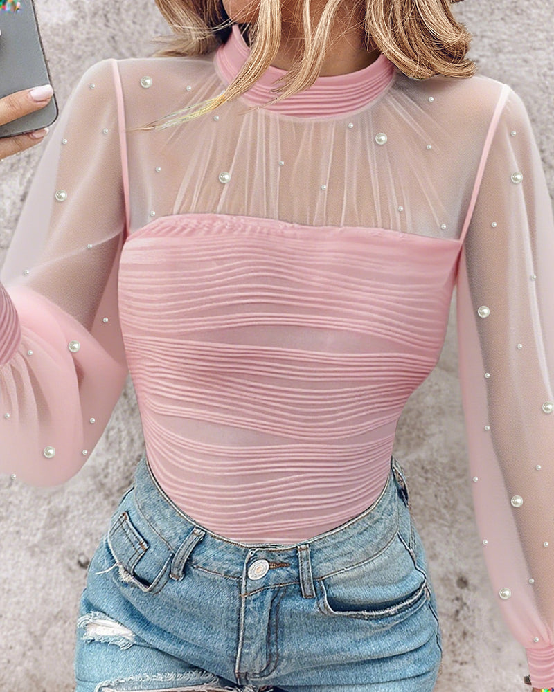 Pearls Decor Mock Neck Sheer Mesh Spliced Ruched Tee Hollow-out Back Slim Fit Textured Top