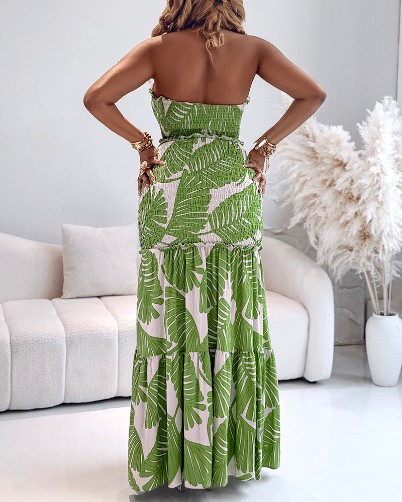 Tropical Print Halter Tie Shirred Frill Trim Cinched Waist Vacation Dress Ruched Cutout Front Slim Fit Ruffle Hem Mermaid Dress