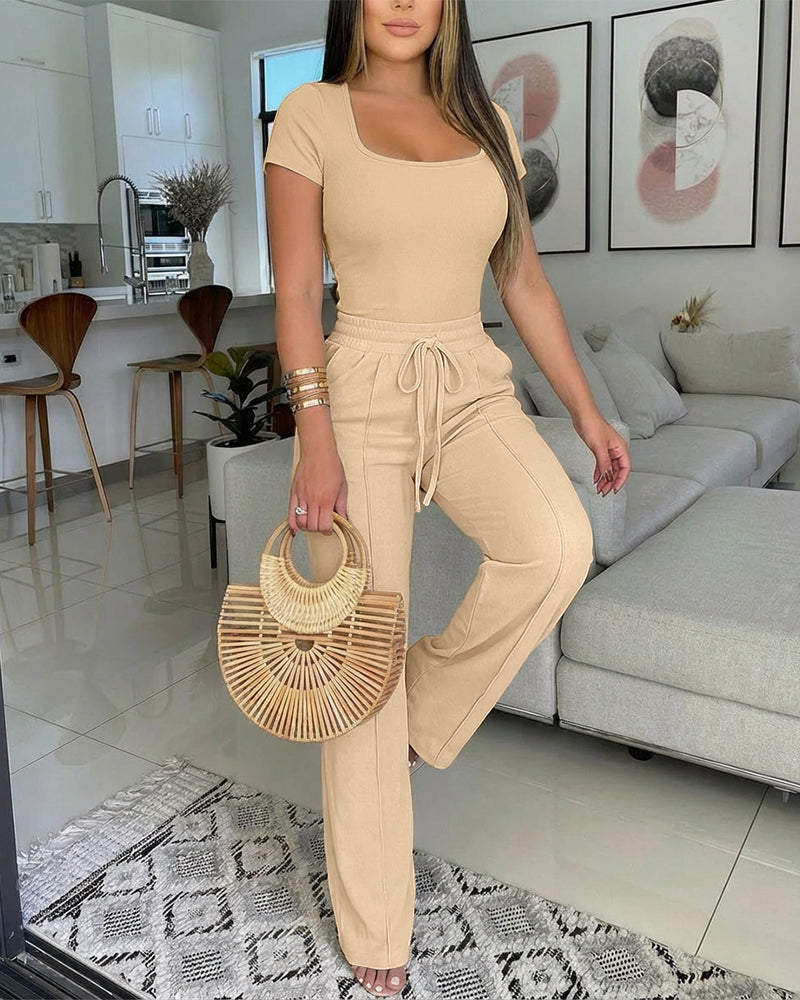 2 Pieces Outfit U-Neck Short Sleeve Slim Fit Ribbed Bodysuit and Drawstring Elastic Waist Seam Front Pants Casual Versatile Set