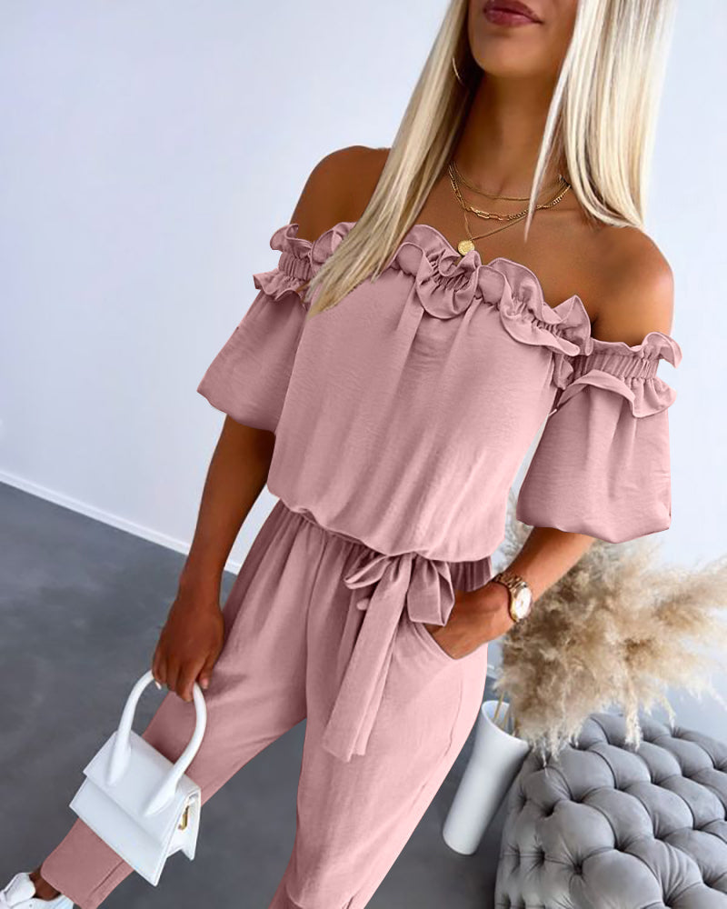 Frill Trim Off Shoulder Short Sleeve Tie Waist Overalls Casual Textured Jumpsuit