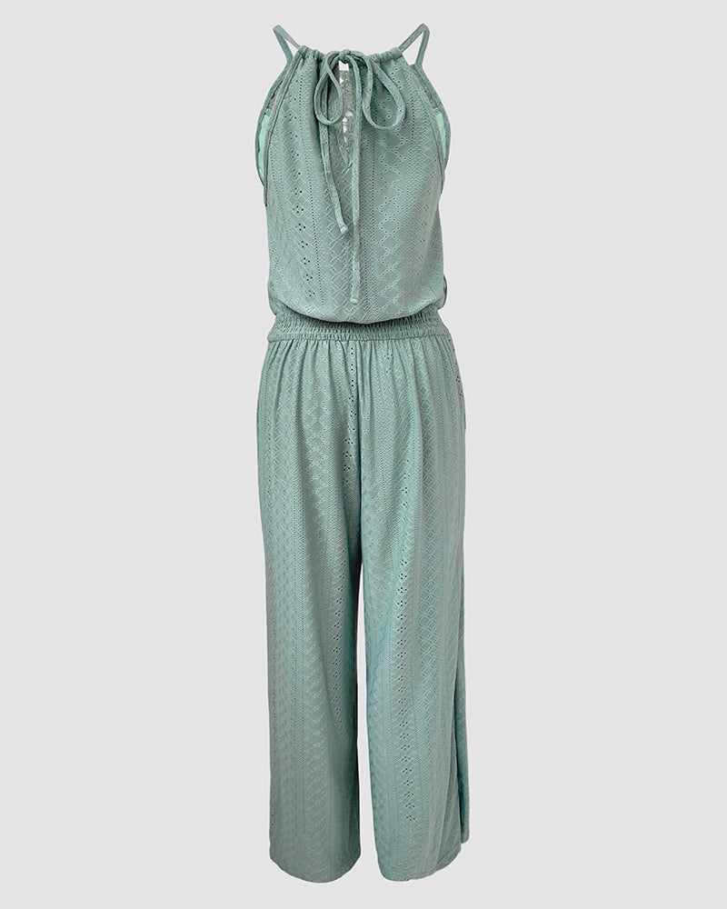 2 Pieces Outfit Halter Tie Guipure Lace Spliced Front Hollow-out Back Top and Elastic Back Waist Wrapped Slit Pants Set Casual Jacquard Textured Vacation Set