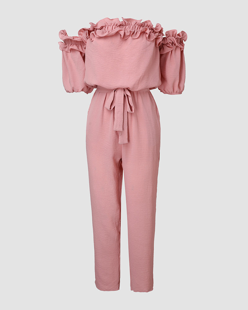 Frill Trim Off Shoulder Short Sleeve Tie Waist Overalls Casual Textured Jumpsuit
