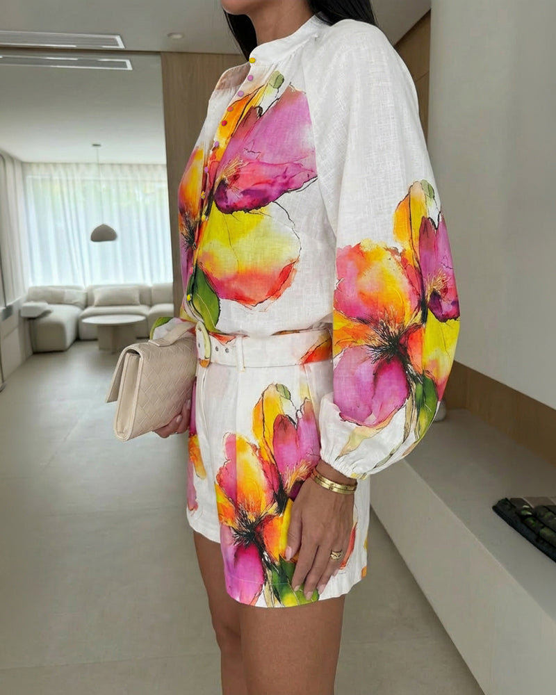 2 Pieces Outfit Stand Collar Lantern Sleeve Button Front Top and High Waist Elastic Waist Shorts Set Casual Watercolor Floral Placement Print Set with Belt & Lining
