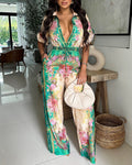 Vintage Floral Print Turn-down Collar Roll Up Sleeve Button Front Overalls Casual Drawstring Stretchy Waist Wide Leg Vacation Jumpsuit