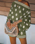 2 Pieces Outfit Boho Skew Neck Lantern Sleeve Top and Elastic Waist Shorts Set Casual Vintage Baroque Placement Print Vacation Set