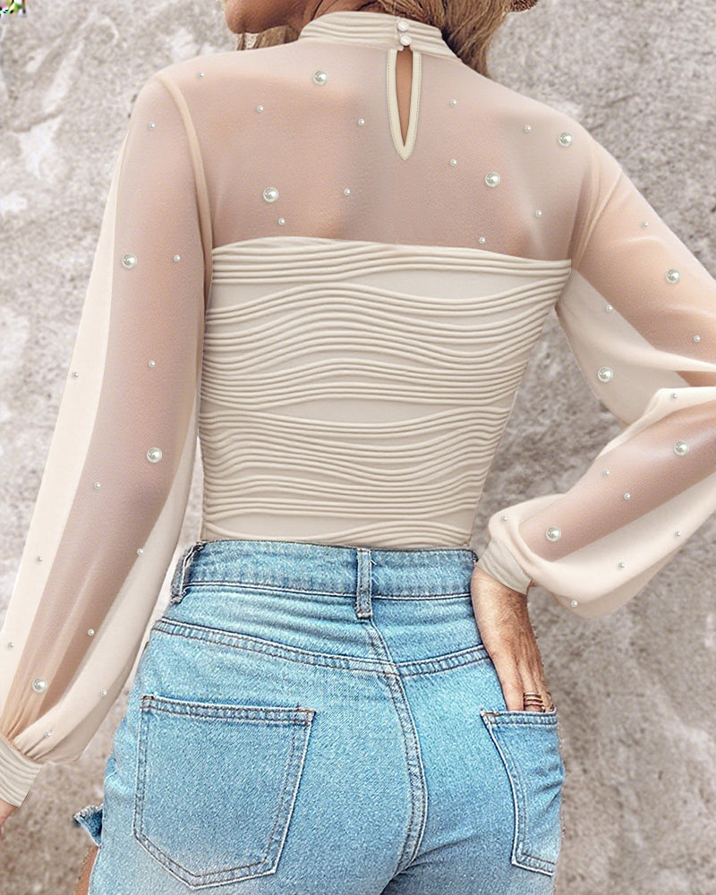 Pearls Decor Mock Neck Sheer Mesh Spliced Ruched Tee Hollow-out Back Slim Fit Textured Top