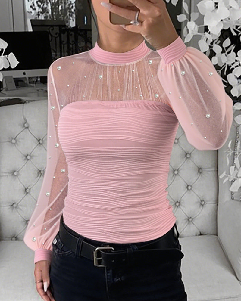 Pearls Decor Mock Neck Sheer Mesh Spliced Ruched Tee Hollow-out Back Slim Fit Textured Top