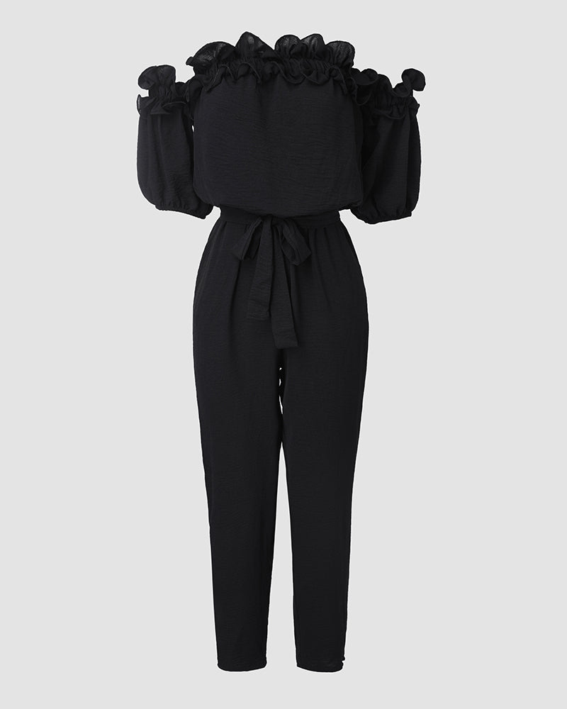 Frill Trim Off Shoulder Short Sleeve Tie Waist Overalls Casual Textured Jumpsuit