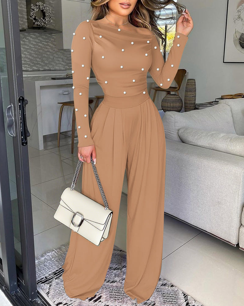 Pearls Decor Skew Neck Long Sleeve Cinched Waist Overalls Casual Ruched Zipper Back Wide Leg Jumpsuit