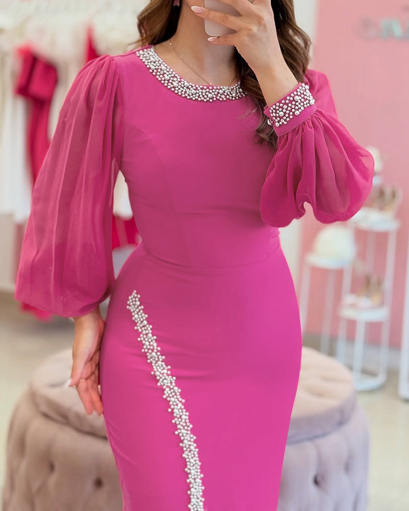 Pearls Decor Lantern Sleeve Slit Evening Dress Zipper Back Slim Fit Party Dress
