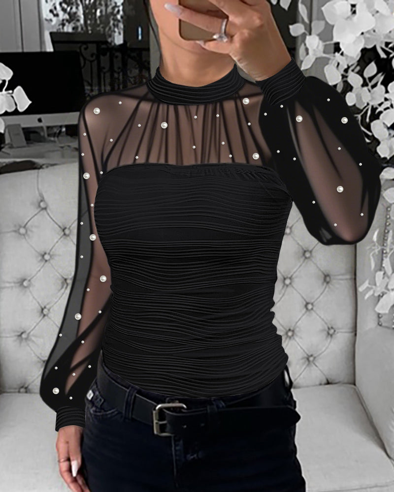 Pearls Decor Mock Neck Sheer Mesh Spliced Ruched Tee Hollow-out Back Slim Fit Textured Top