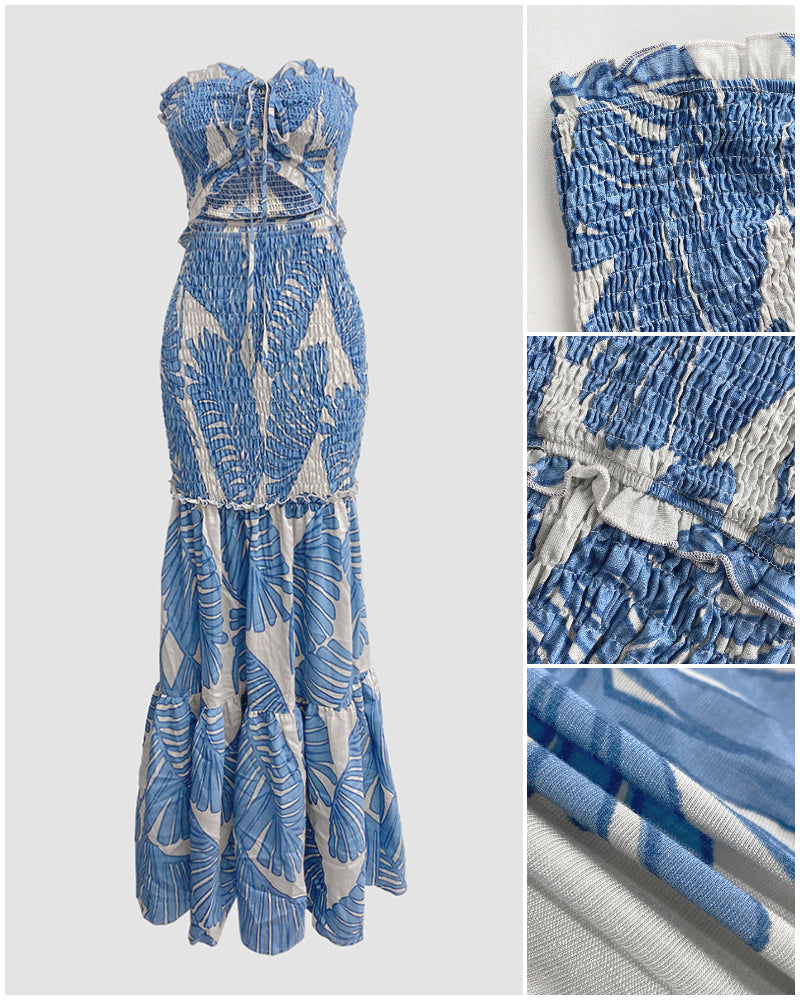 Tropical Print Halter Tie Shirred Frill Trim Cinched Waist Vacation Dress Ruched Cutout Front Slim Fit Ruffle Hem Mermaid Dress