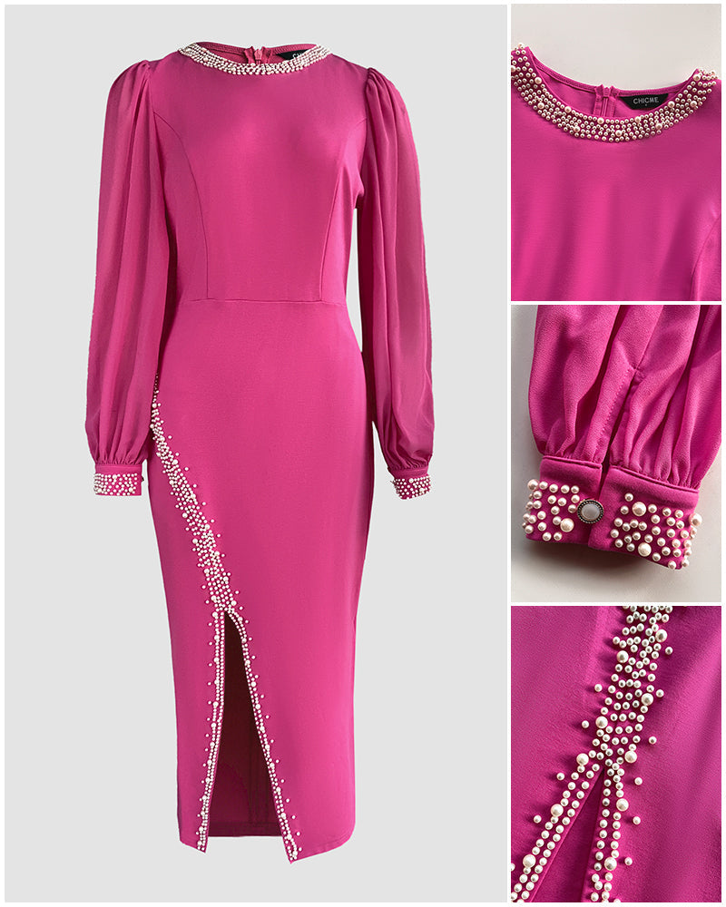 Pearls Decor Lantern Sleeve Slit Evening Dress Zipper Back Slim Fit Party Dress