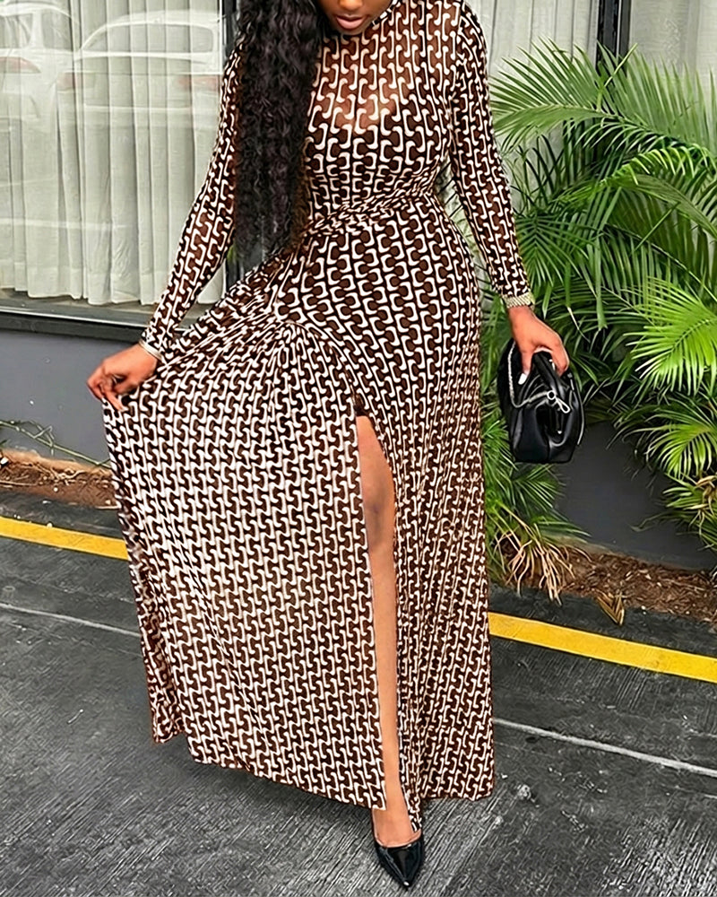 Geometric Print Long Sleeve Waist Tied Detail Maxi Dress Casual Slim Fit Slit Vacation Dress