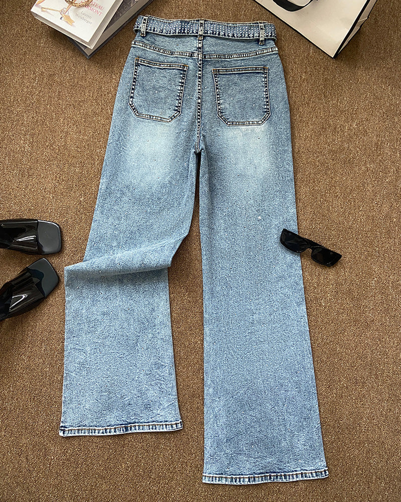 Allover Rhinestone Decor High Waist Zipper Fly Jeans Casual Flared Denim Pants with Rhinestone Decor Belt