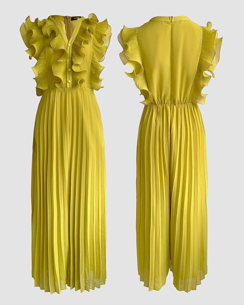 Ruffles Spliced V-Neck Sleeveless Button Front Pleated Overalls Casual Zipper Back Wide Leg Jumpsuit
