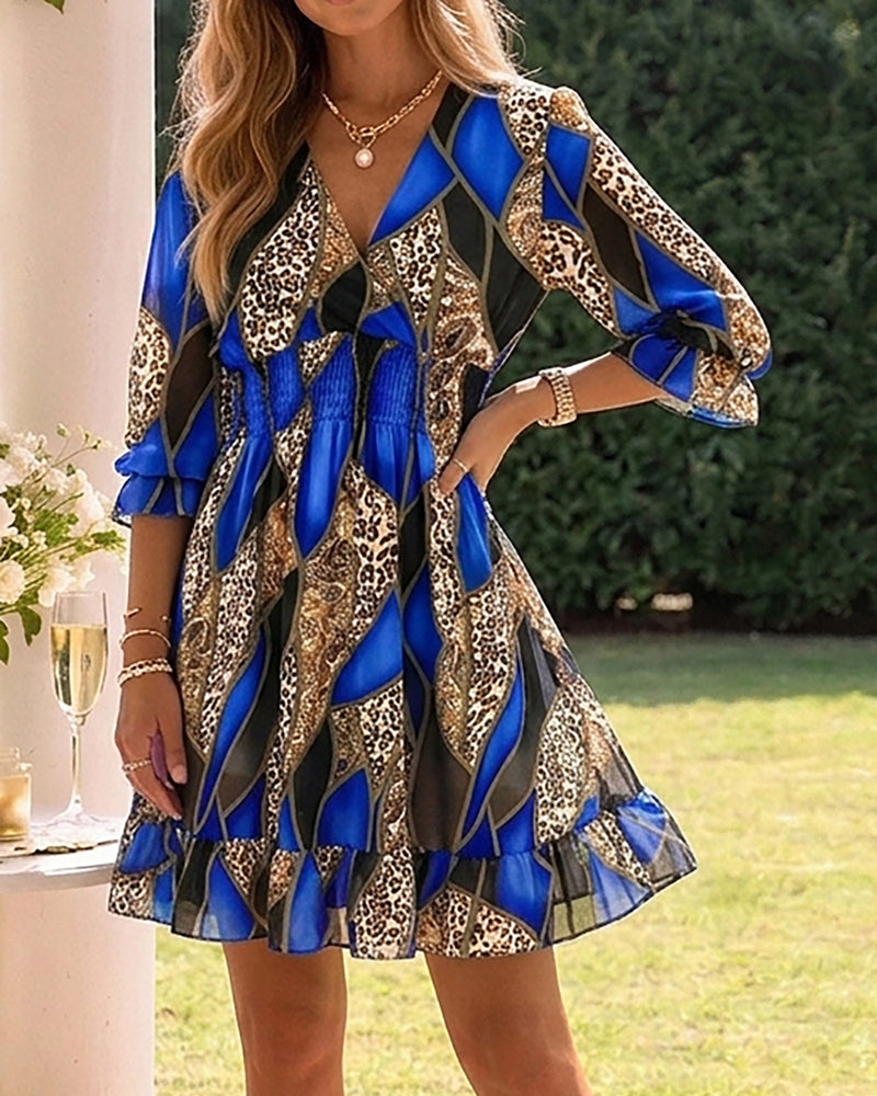 Colorblock Geometric & Leopard Print Spliced Overlap V Neck Flared Cuffs A Line Dress Casual Shirred Waist Ruffle Hem Vacation Chiffon Dress