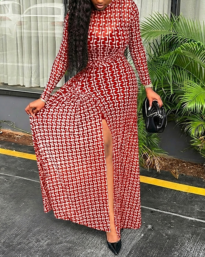 Geometric Print Long Sleeve Waist Tied Detail Maxi Dress Casual Slim Fit Slit Vacation Dress