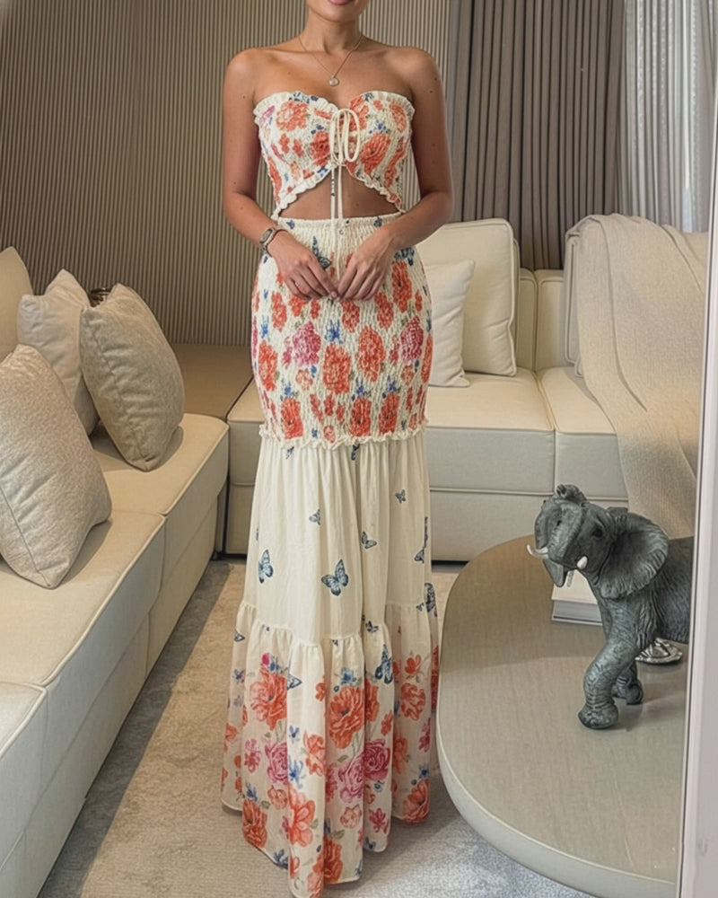 Floral & Butterfly Print Frill Trim Bandeau Tied Detail Ruched Mermaid Hem Dress Elegant Cutout Front Shirred Ruffle Hem Vacation Dress