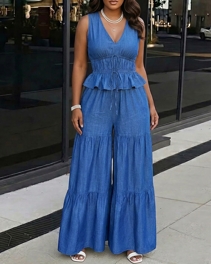 2 Pieces Outfit Deep V-Neck Sleeveless Tie Front Cinched Waist Top and Elastic Waist Wide Leg Pants Set Casual Ruffle Hem Set