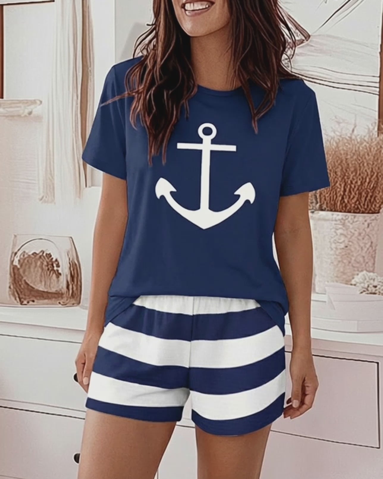 2 Pieces Outfit Anchor Print Round Neck Short Sleeve Top and Striped Elastic Waist Shorts Set Casual Pajamas Set